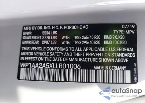 2020 Porsche Macan z USA, uszkodzony, nr VIN WP1AA2A5XLLB01006